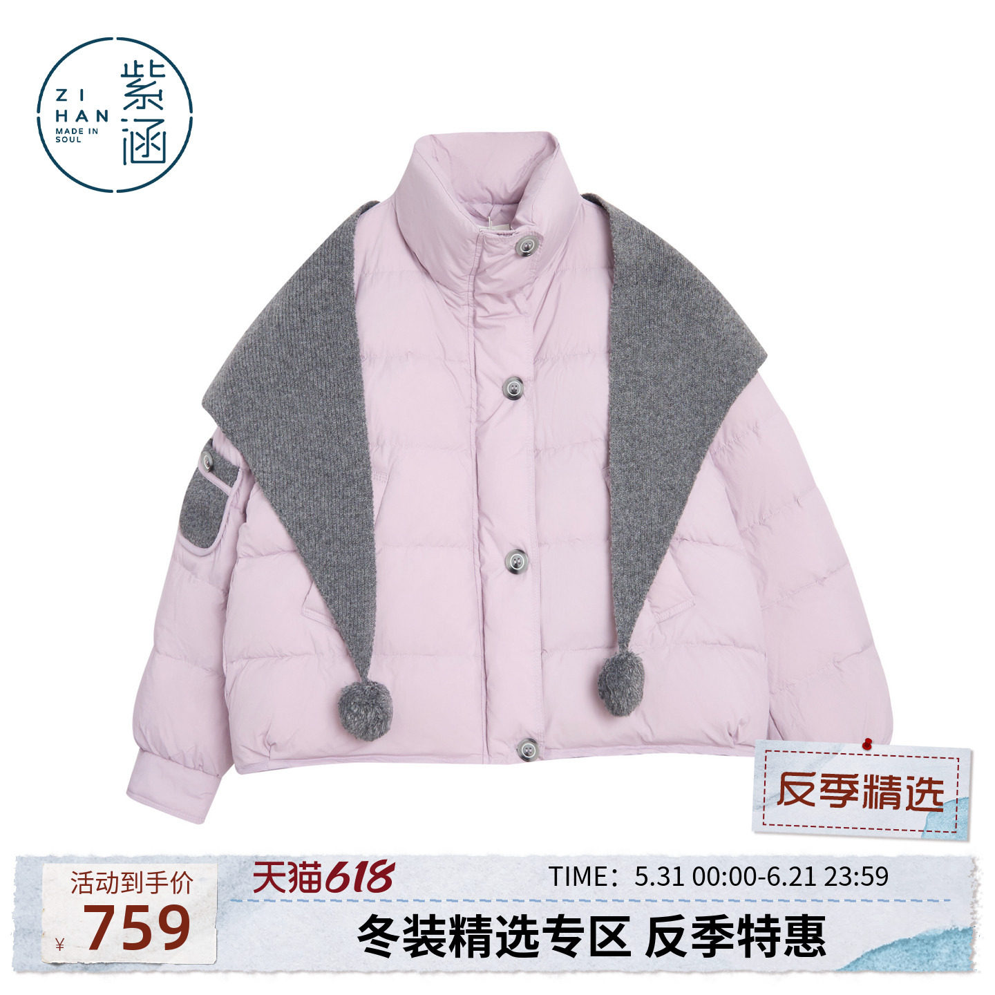 紫涵简约清新短款立领羽绒服外套女冬季新款小个子通勤冬装配披肩