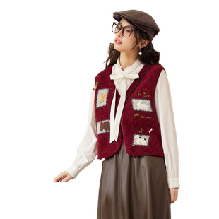 紫涵短款无袖针织开衫马甲背心秋季新款休闲贴布刺绣V领毛衣外套