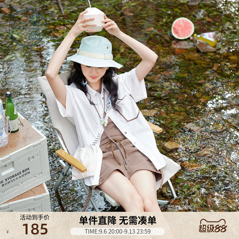 紫涵竖条纹短袖衬衫女士夏季新款美式户外风休闲百搭宽松白色上衣图片