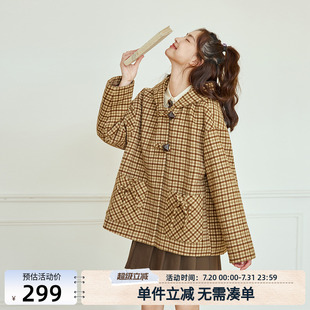 新款 紫涵咖色格纹连帽毛呢大衣女冬季 学院风甜美小个子毛绒外套