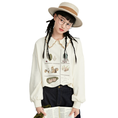 紫涵趣味刺绣polo领套头卫衣女秋季甜美森系简约宽松休闲撞色上衣