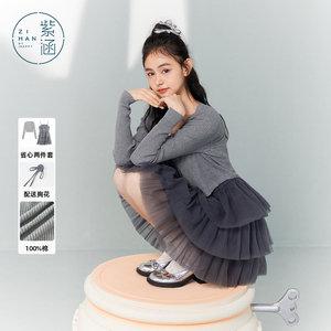 紫涵长袖针织开衫吊带连衣裙套装女秋季新款休闲网纱短裙子两件套