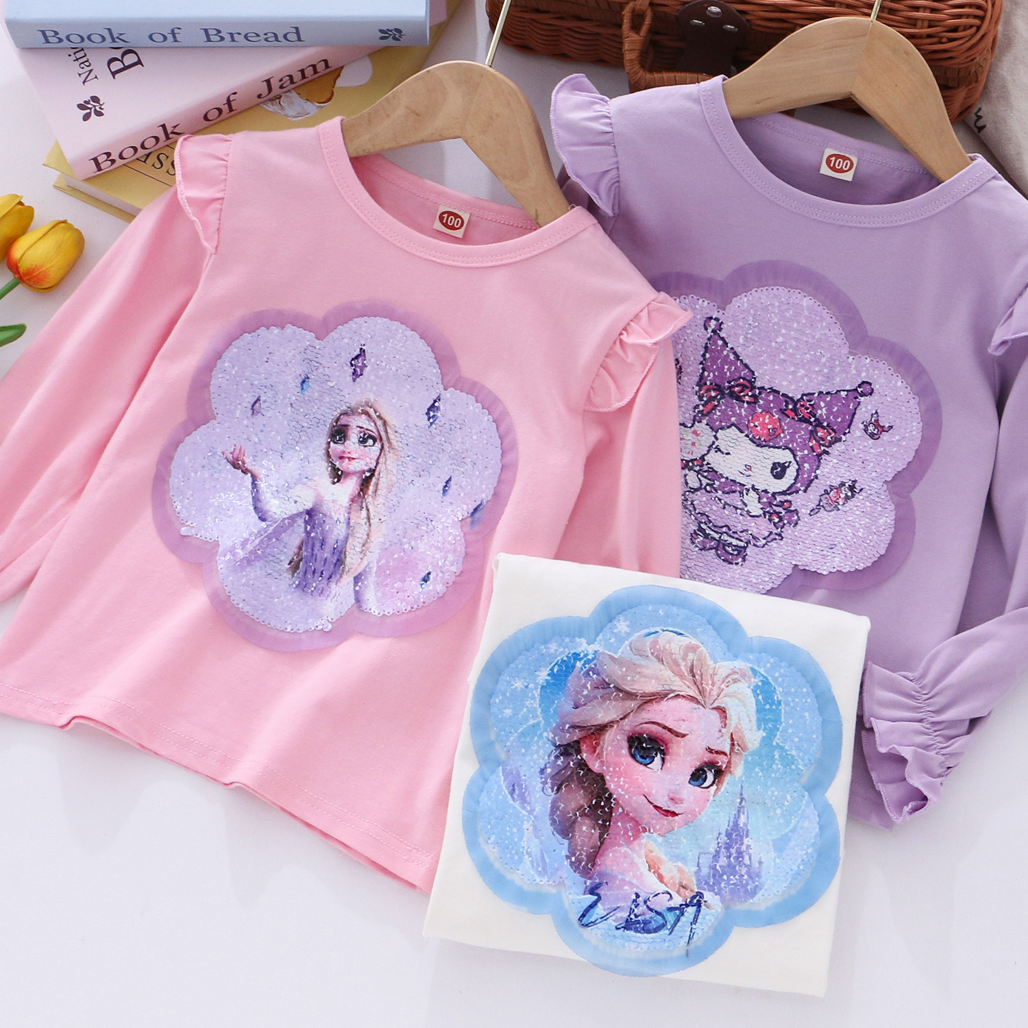 女童纯棉变色亮片艾莎长袖t恤 25春秋款儿童小女孩宝宝泡泡袖上衣