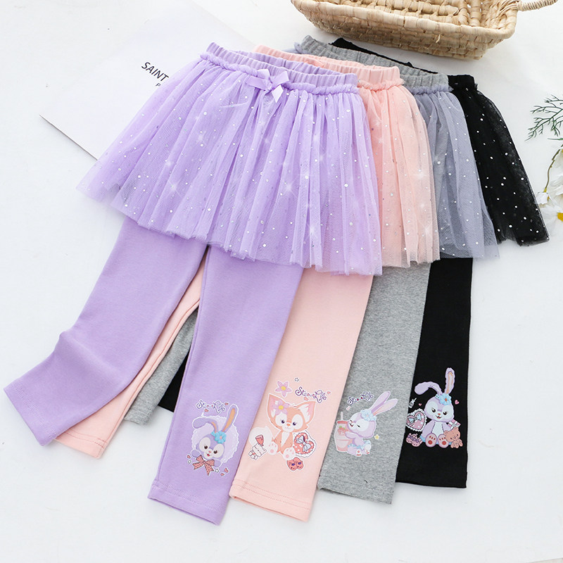 女童纯棉网纱蓬蓬裙裤春秋新款卡通儿童装女孩外穿裤子假两件长裤