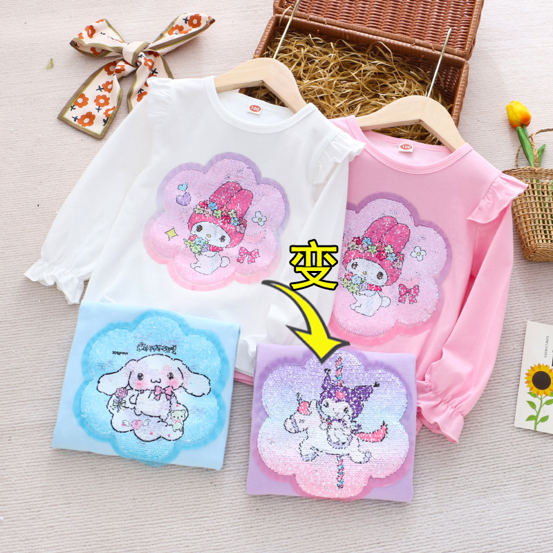 女童纯棉变色亮片长袖T恤 春秋款儿童装宝宝小女孩卡通上衣打底衫