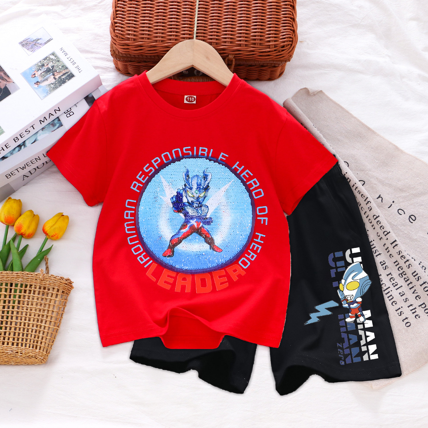 男童纯棉变色亮片奥特曼短袖休闲短裤两件套夏薄款儿童装男孩套装