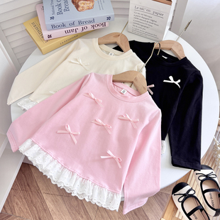 女童纯棉蕾丝花边蝴蝶结裙衫长袖t恤 26春秋儿童小女孩中长款上衣