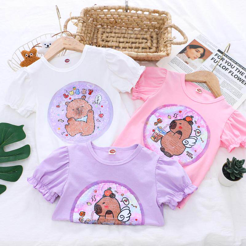 女童纯棉短袖t恤夏季卡通儿童变色亮片衣服女孩宝宝泡泡半袖上衣