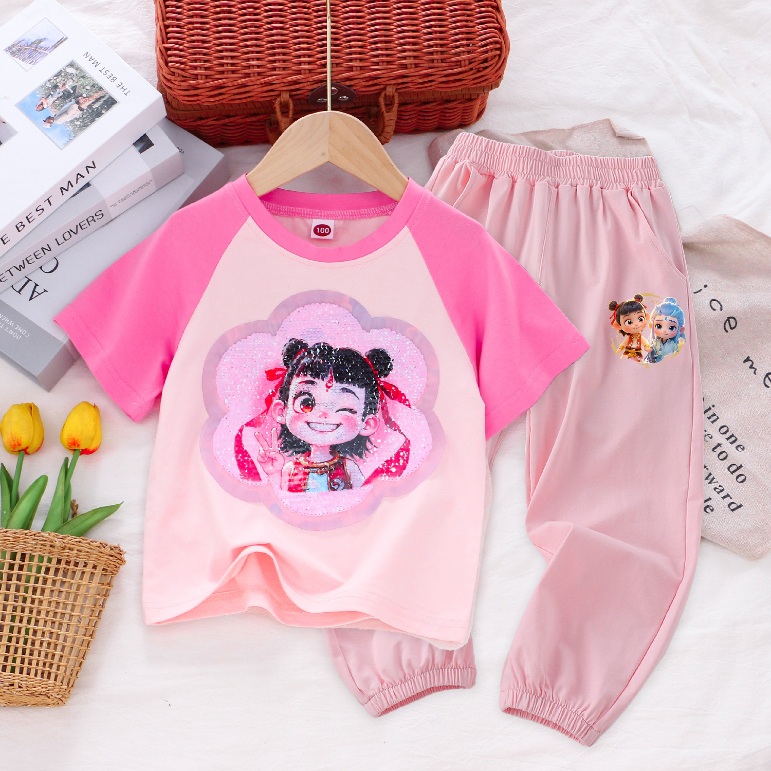 女童纯棉哪吒敖丙短袖两件套夏薄款防蚊休闲运动裤儿童小女孩套装