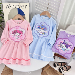 儿童纯棉变色亮片连衣裙25春秋款女童公主裙库洛米中长款长袖裙子