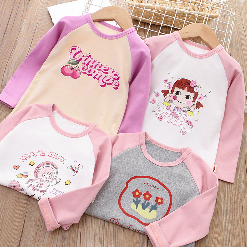 女童纯棉卡通撞色长袖T恤 春秋款儿童装小女孩宝宝圆领外穿打底衫