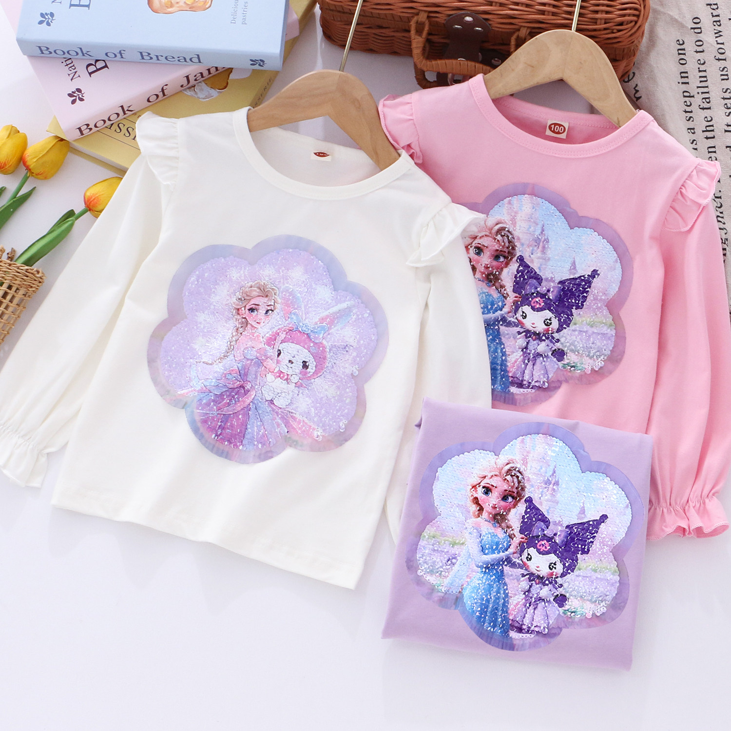 女童纯棉变色亮片可爱长袖t恤 25春秋款童装小女孩宝宝泡泡袖上衣