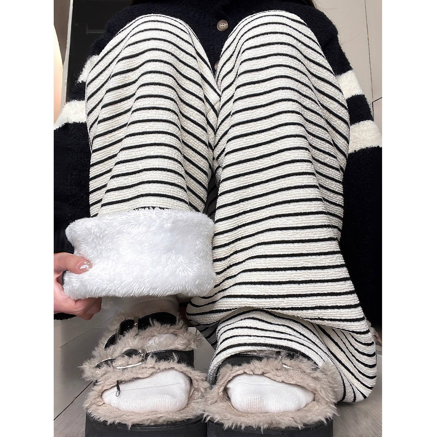 高腰黑白条纹毛巾裤长裤显瘦垂感