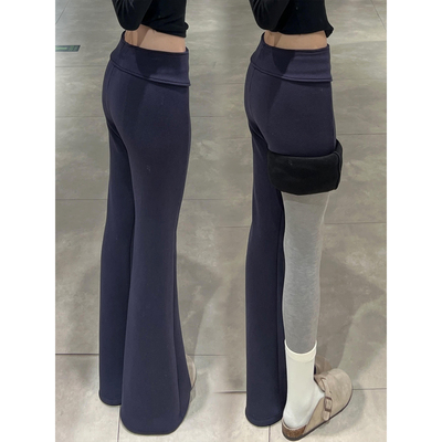 藏青色垂感加绒加厚微喇裤女秋冬季2025年新款高腰显瘦修身喇叭裤