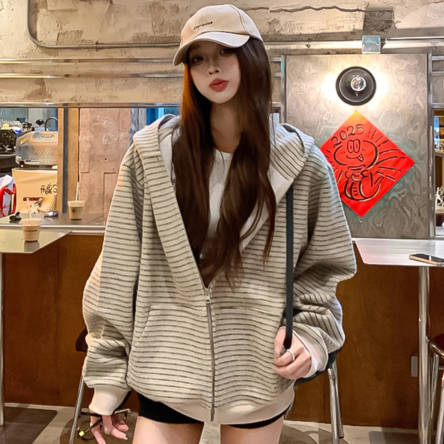 美式复古条纹连帽卫衣女秋季2025年新款宽松拉链开衫休闲百搭外套