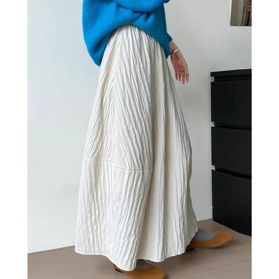 法式米黄色温柔风高腰A字半身裙女秋冬2025新款显瘦中长款压褶裙