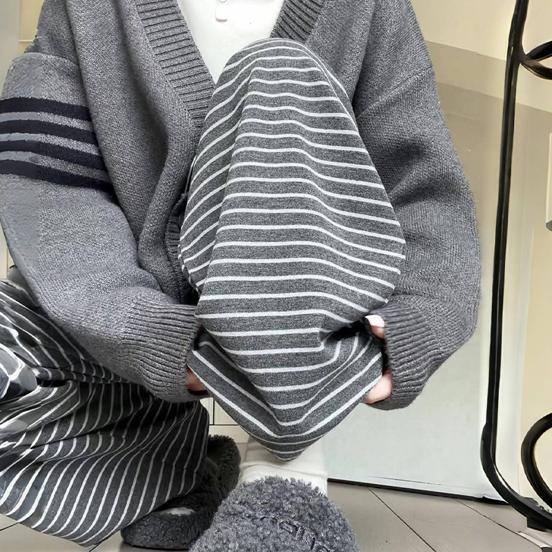 高腰深灰色横条纹阔腿裤长裤显瘦