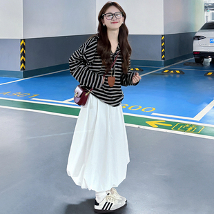 白色花苞裙女春季2026新款高腰气质大摆休闲慵懒风中长裙a字伞裙