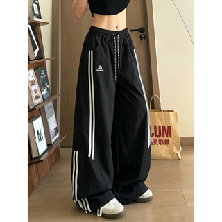 黑色侧边条纹高腰休闲裤女2026夏季新款宽松速干显瘦运动风阔腿裤