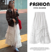 白色蓬蓬蛋糕裙女春季 2025新款 高腰显瘦垂坠感网纱蕾丝半身裙长裙