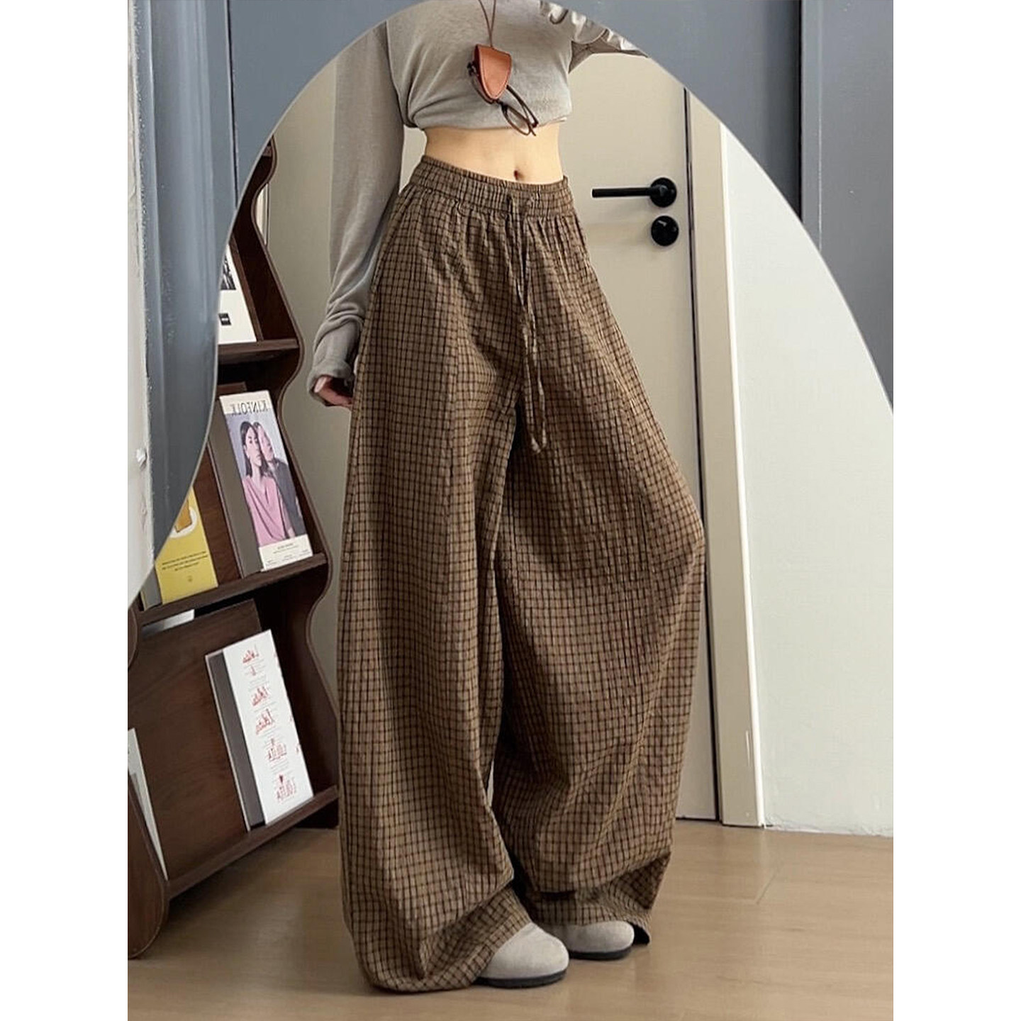 咖色韩系格子阔腿裤女夏季2026新款高腰宽松显瘦休闲裤复古长裤子图片