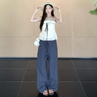藏青色休闲格子裤女夏季2025新款阔腿裤宽松抽绳直筒垂感拖地裤子