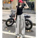 灰色高腰刺绣速干工装裤女2026夏季新款宽松显瘦休闲裤运动阔腿裤
