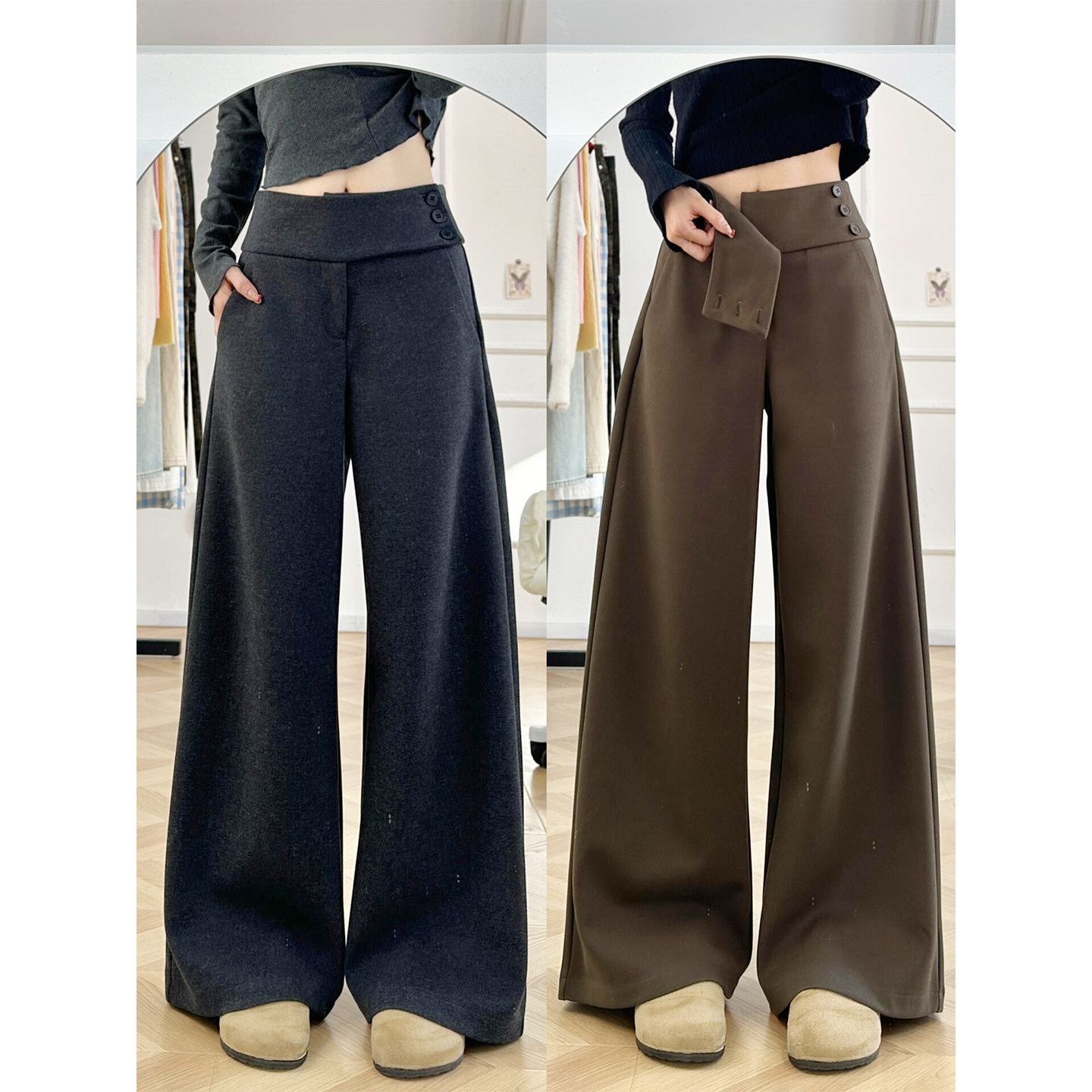 灰色毛呢纽扣西装阔腿裤女2025冬季新款高腰显瘦垂坠感宽松休闲裤,女装/女士精品,休闲裤,淘宝优惠券,粉丝福利购,淘宝优惠卷