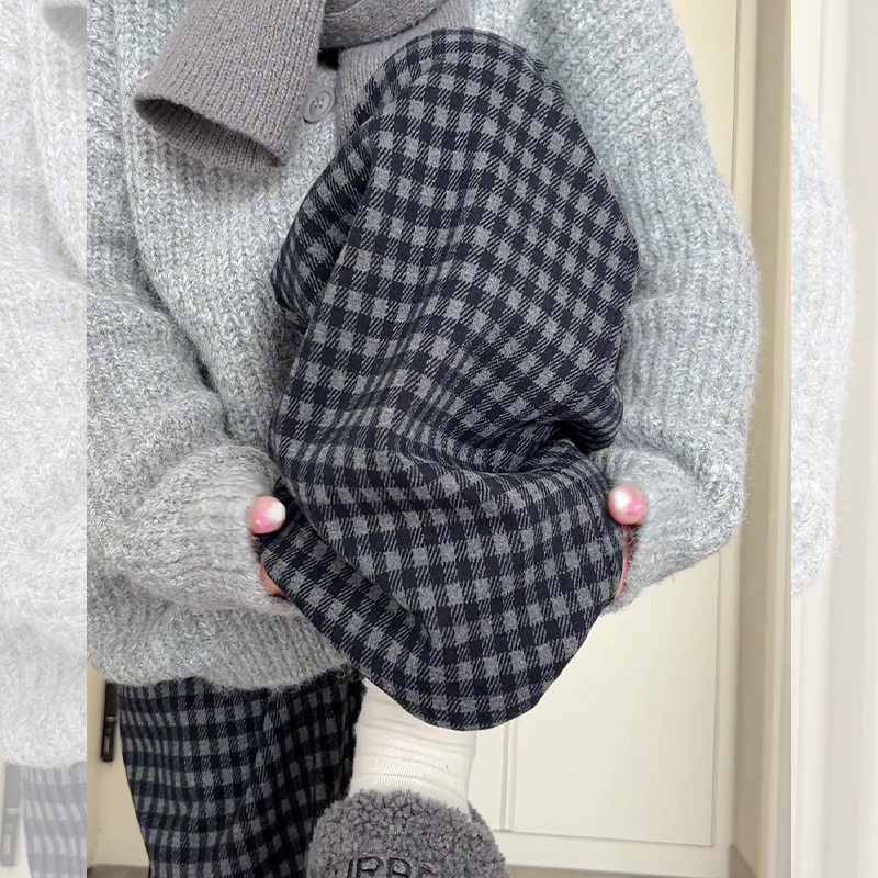 黑灰色加绒格子裤直筒加厚阔腿裤