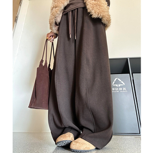 灰色加绒中线弯刀阔腿裤女春季2026年新款高腰显瘦宽松加厚休闲裤