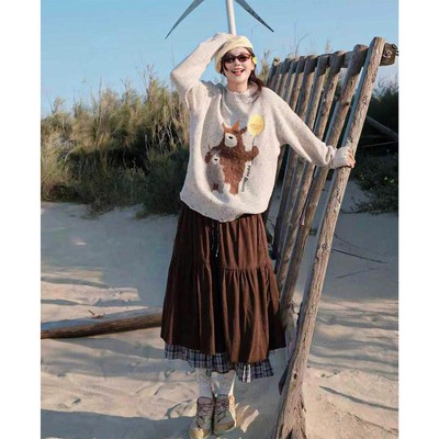 咖色假两件灯芯绒半身裙女秋冬2025新款高腰显瘦蛋糕裙学院风长裙