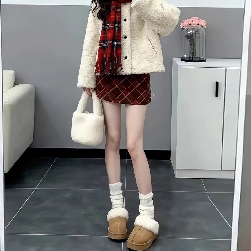 红色毛呢格子短裙女春季2026新款小个子加绒包臀裙高腰显瘦半身裙,女装/女士精品,半身裙,淘宝优惠券,粉丝福利购,淘宝优惠卷