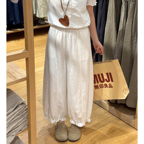 白色木耳边花苞休闲裤子女2026夏季新款高腰显瘦小个子九分阔腿裤