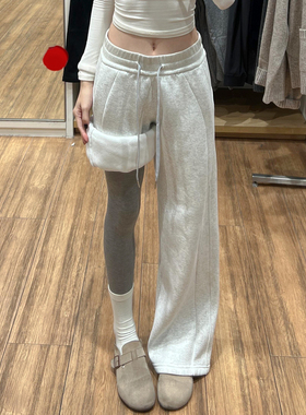 白灰色运动卫裤女秋冬2025新款高腰显瘦直筒垂感加绒加厚lulu裤子