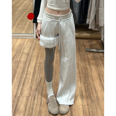 白灰色运动卫裤女秋冬2025新款高腰显瘦直筒垂感加绒加厚lulu裤子
