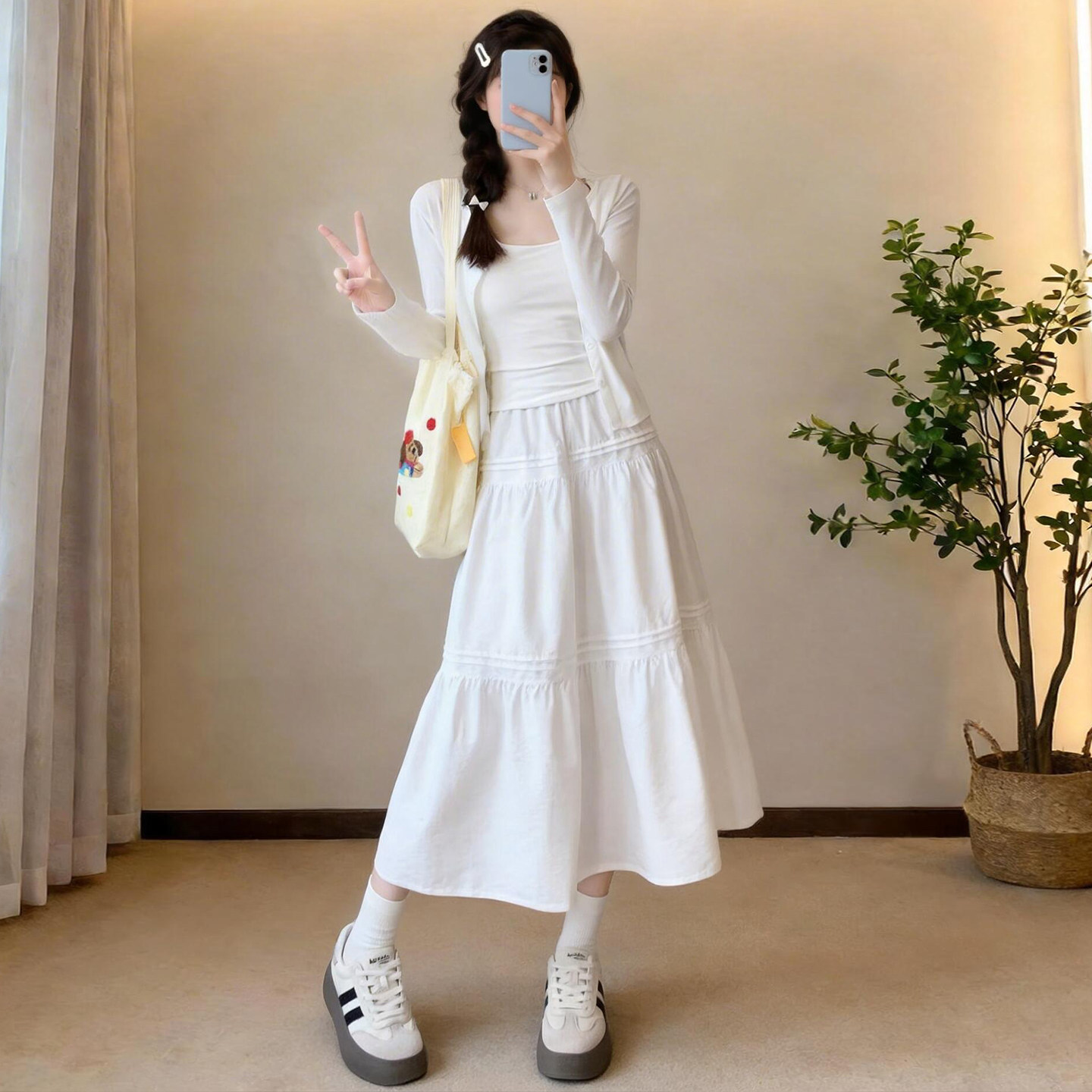 温柔风白色半身裙女新款高腰减龄气质大摆伞裙纯色a字拼接蛋糕裙