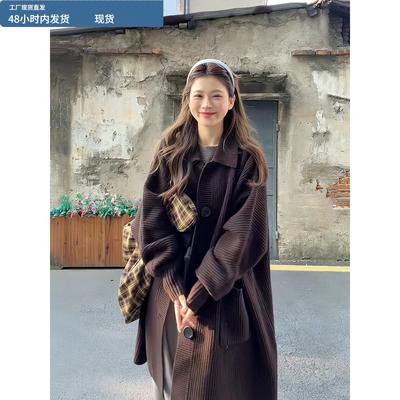 欧洲站2025年冬季新款女装单排扣大口袋翻领咖色中长款针织衫外套
