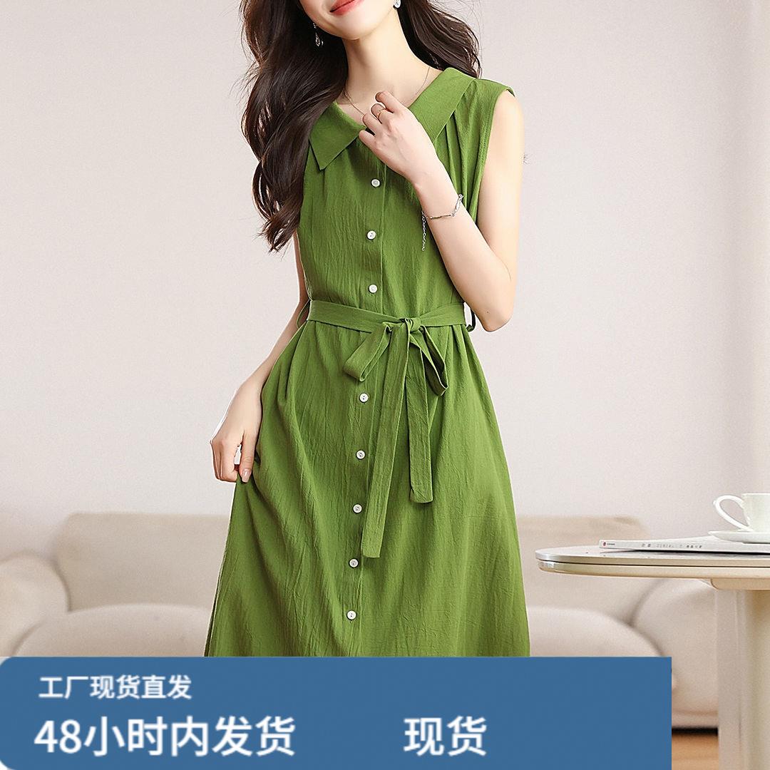 绿色无袖衬衫连衣裙女夏季新款高级设计感宽松显瘦系带气质长裙子