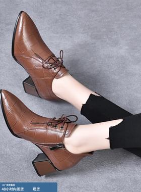 春秋新款真皮单鞋女防滑中跟系带小皮鞋深口粗跟软皮鞋子OM62226