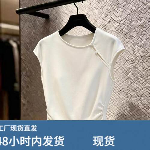 自留款推荐~设计感国风斜襟飞飞袖T恤女夏季新款褶皱收腰显瘦上衣