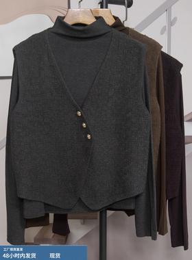 时尚半高领长袖T恤针织马甲背心两件套女2025秋冬新款显瘦潮66668