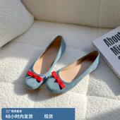 仙女晚晚风浅口单鞋 羊皮版 女蓝色平底鞋 蝴蝶结圆头芭蕾舞鞋 法式