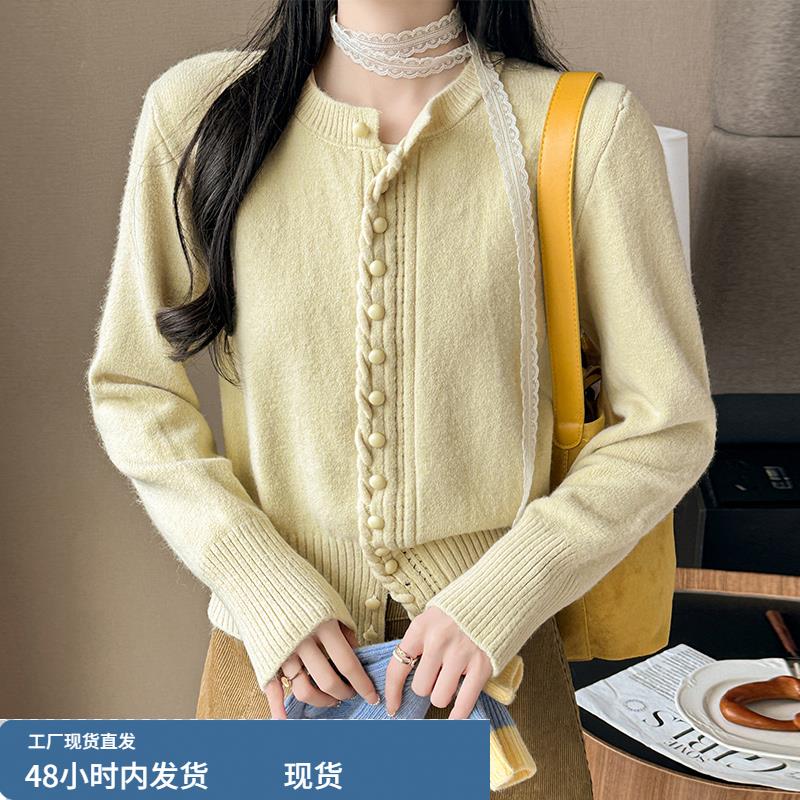 针织衫女秋冬高级感宽松开衫外套圆领红色毛衣镂空显瘦长袖上衣女