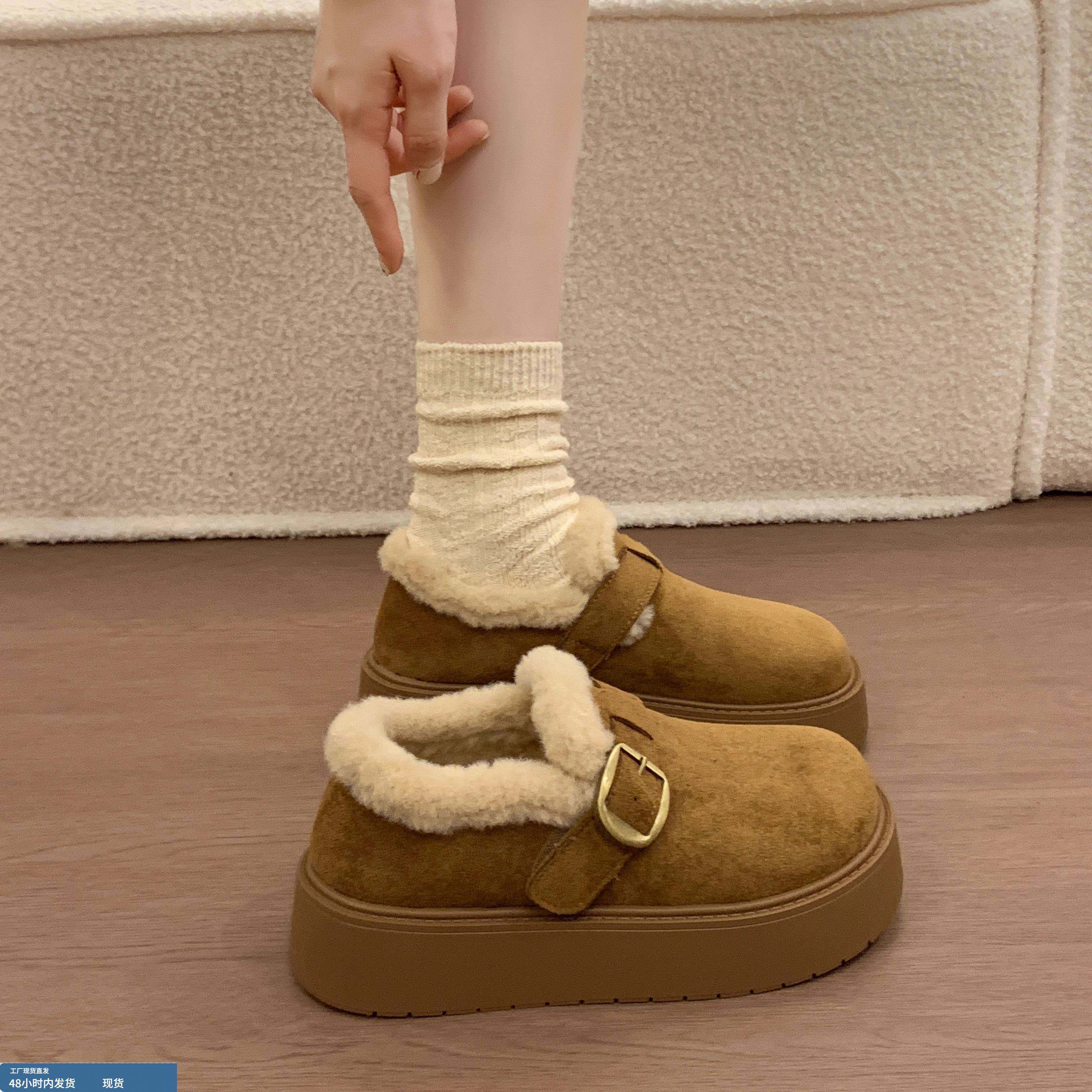 厚底加绒豆豆勃肯鞋女2025冬季新款孕妇毛毛棉鞋子外穿保暖雪地靴