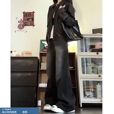 初中高中学生黑灰色加绒阔腿裤女秋冬2025新款低腰宽松直筒牛仔裤