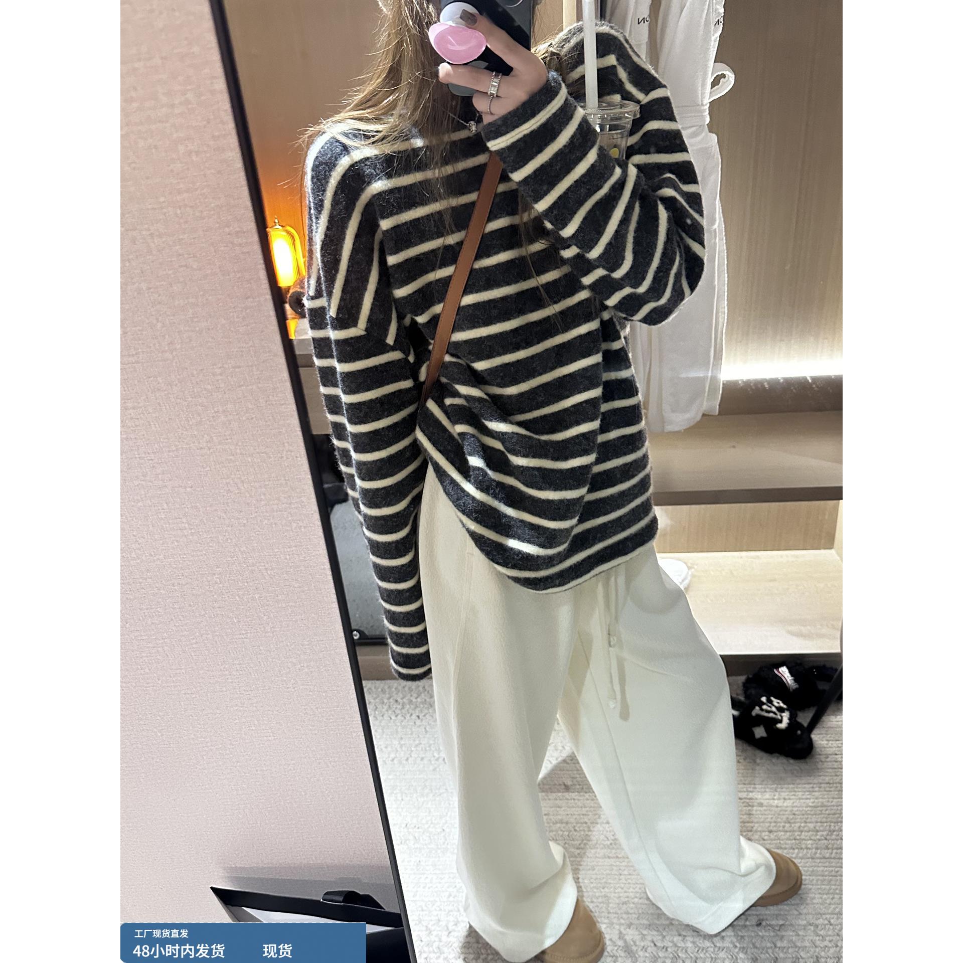 韩系磨毛条纹长袖t恤女秋冬2025新款加厚慵懒宽松打底衫内搭上衣