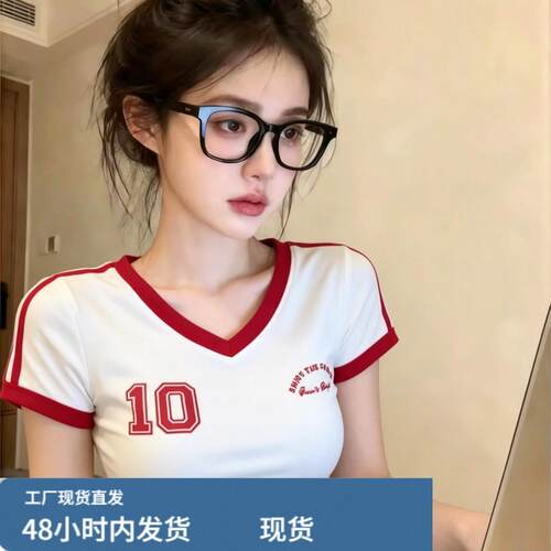 自留款推荐~美式辣妹风V领撞色短袖T恤女夏季设计感洋派显瘦上衣
