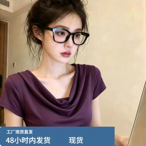 自留款推荐~法式纯欲风褶皱荡领短袖T恤女夏季设计感显瘦气质上衣