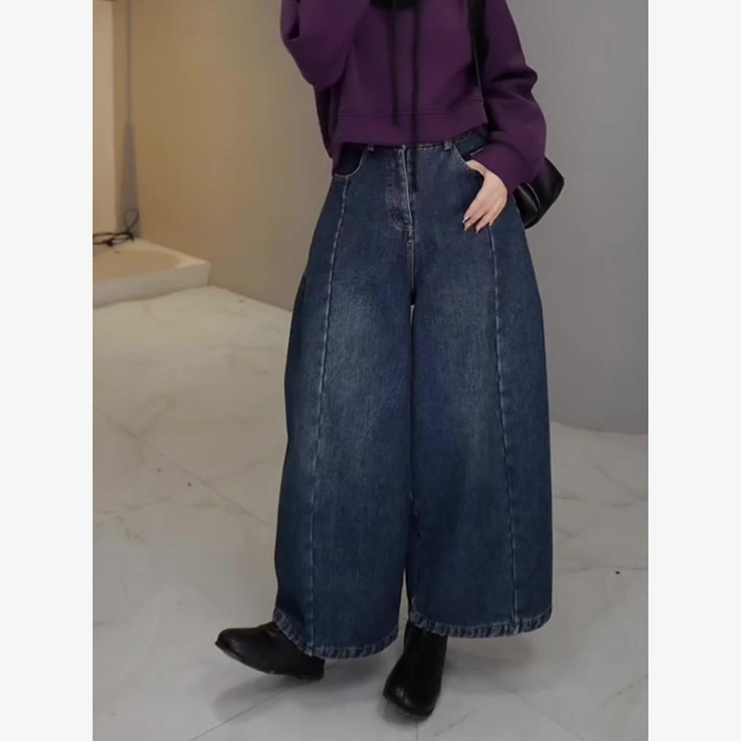 蓝色加绒慵懒阔腿牛仔裤子女2025新款秋冬优雅轻奢净版简约休闲裤