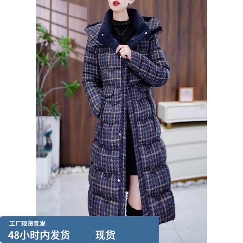 中长款格子连帽加厚棉服女2025秋冬新款棉袄时尚保暖妈妈棉衣外套
